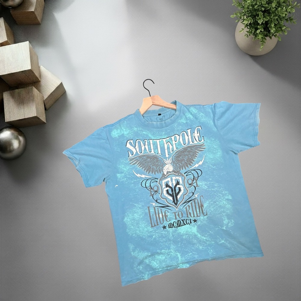 Southpole Vintage Y2K Graphic T-Shirt Blue Acid Wash Eagle Crest Mens 2XL